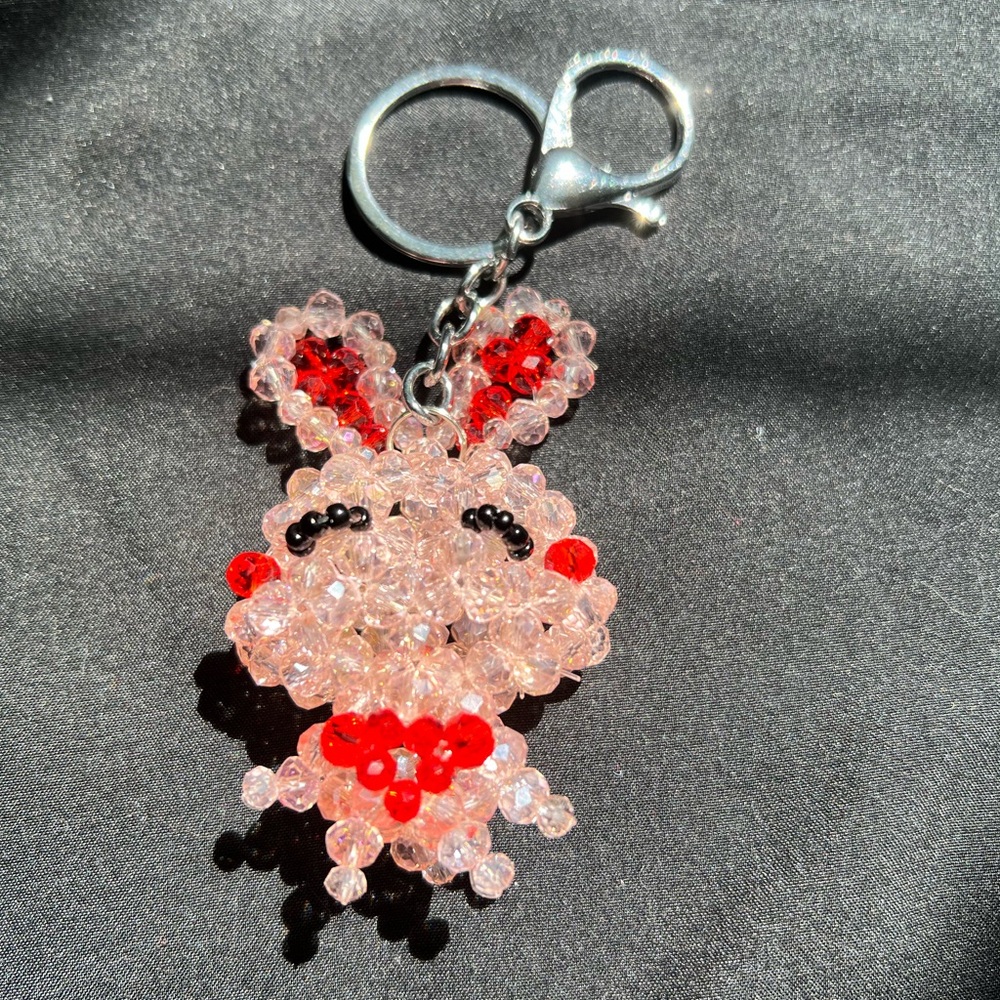 Pink & Red Sparkly Shiny Beaded Bunny Rabbit Keychain Charm Kawaii Crystal Cute